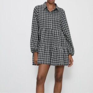 Zara Black and White Checkered Long Sleeve Dress